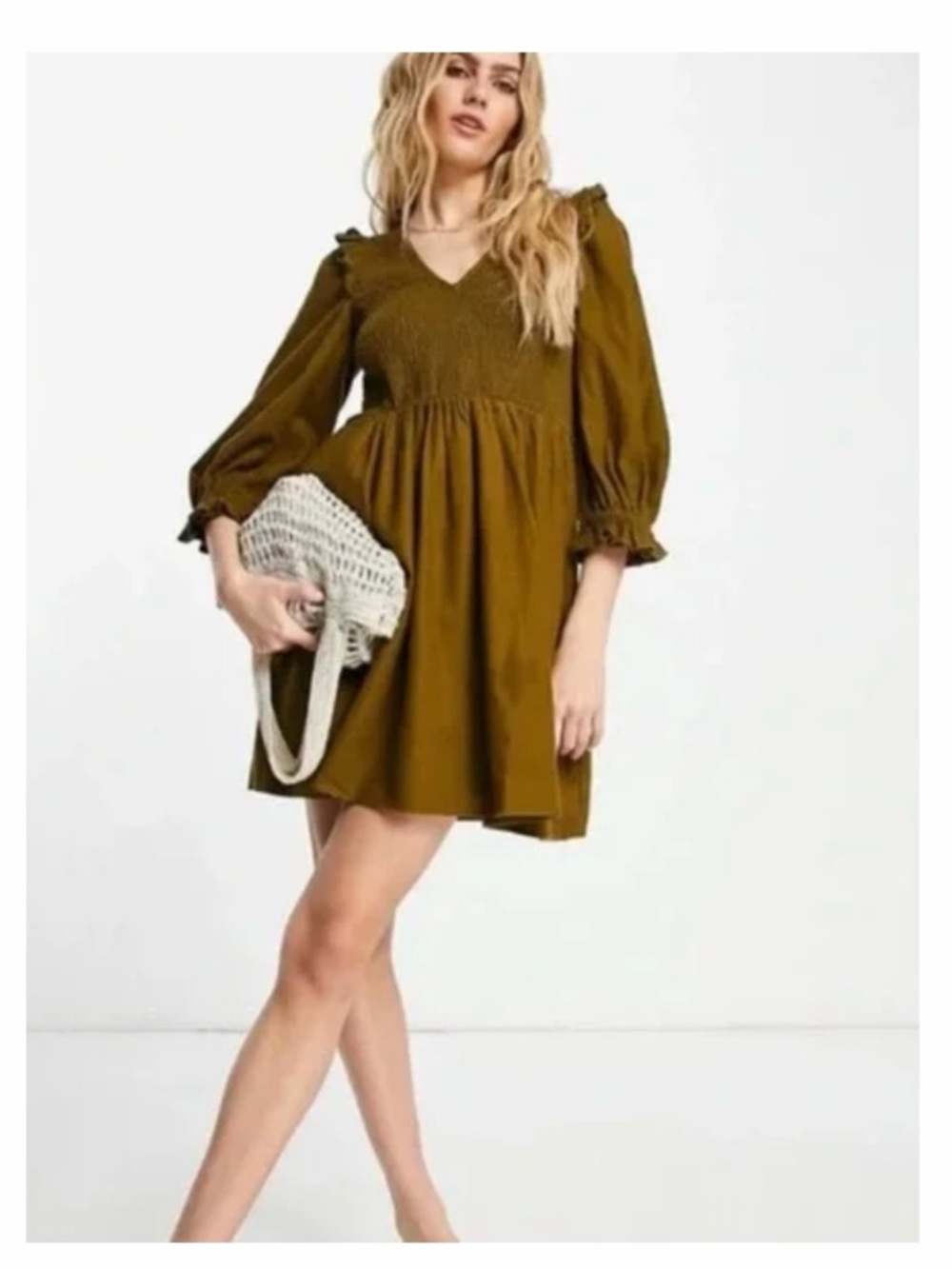 Madewell Smocked V-Neck Mini Dress in Olive